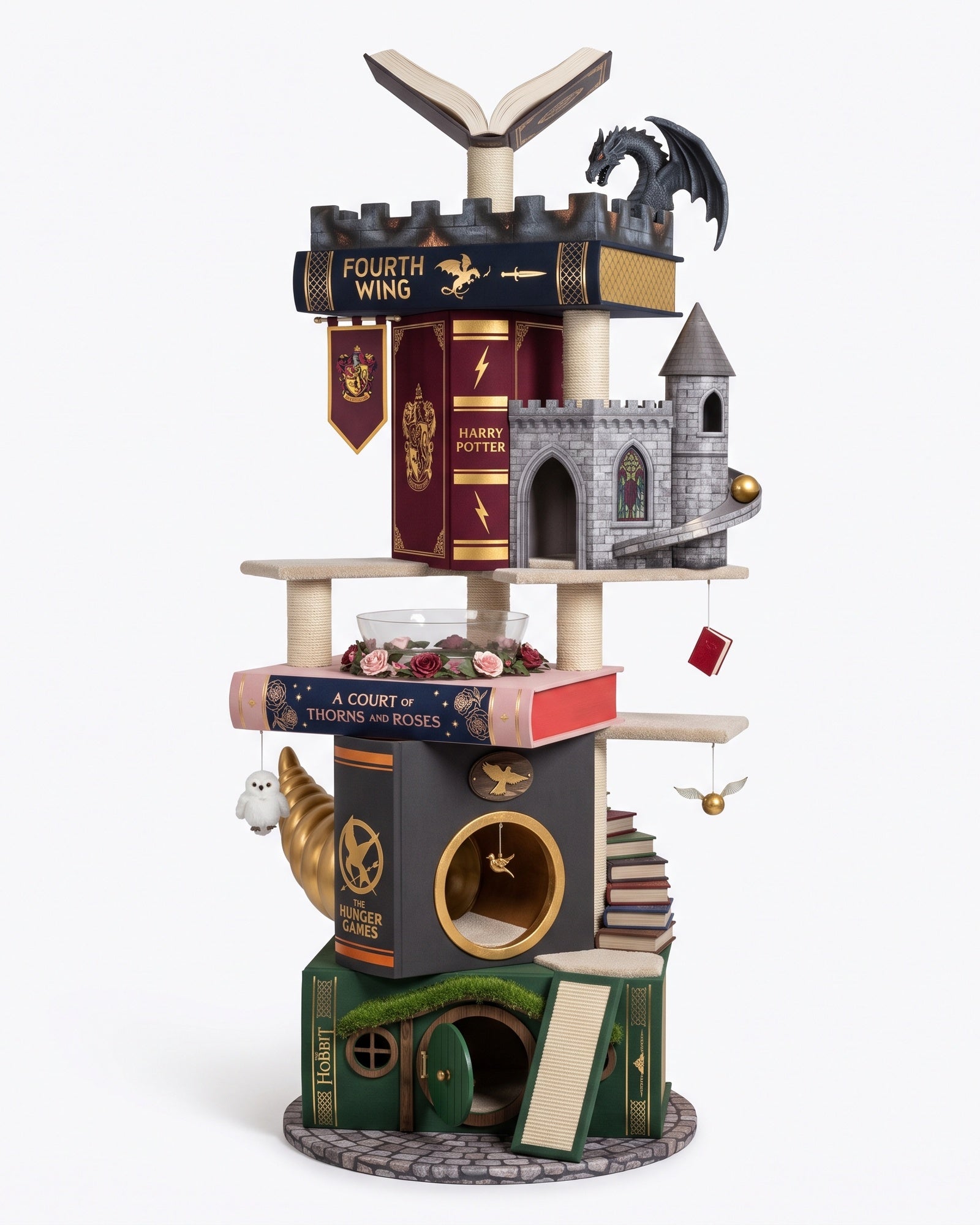 Nine Tales book cat tower, full height