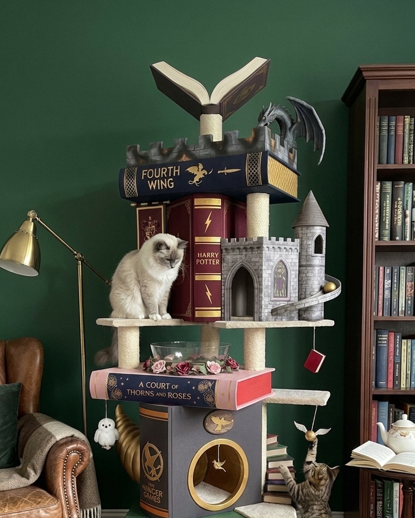 Nine Tales cat tower in a green reading room with two cats