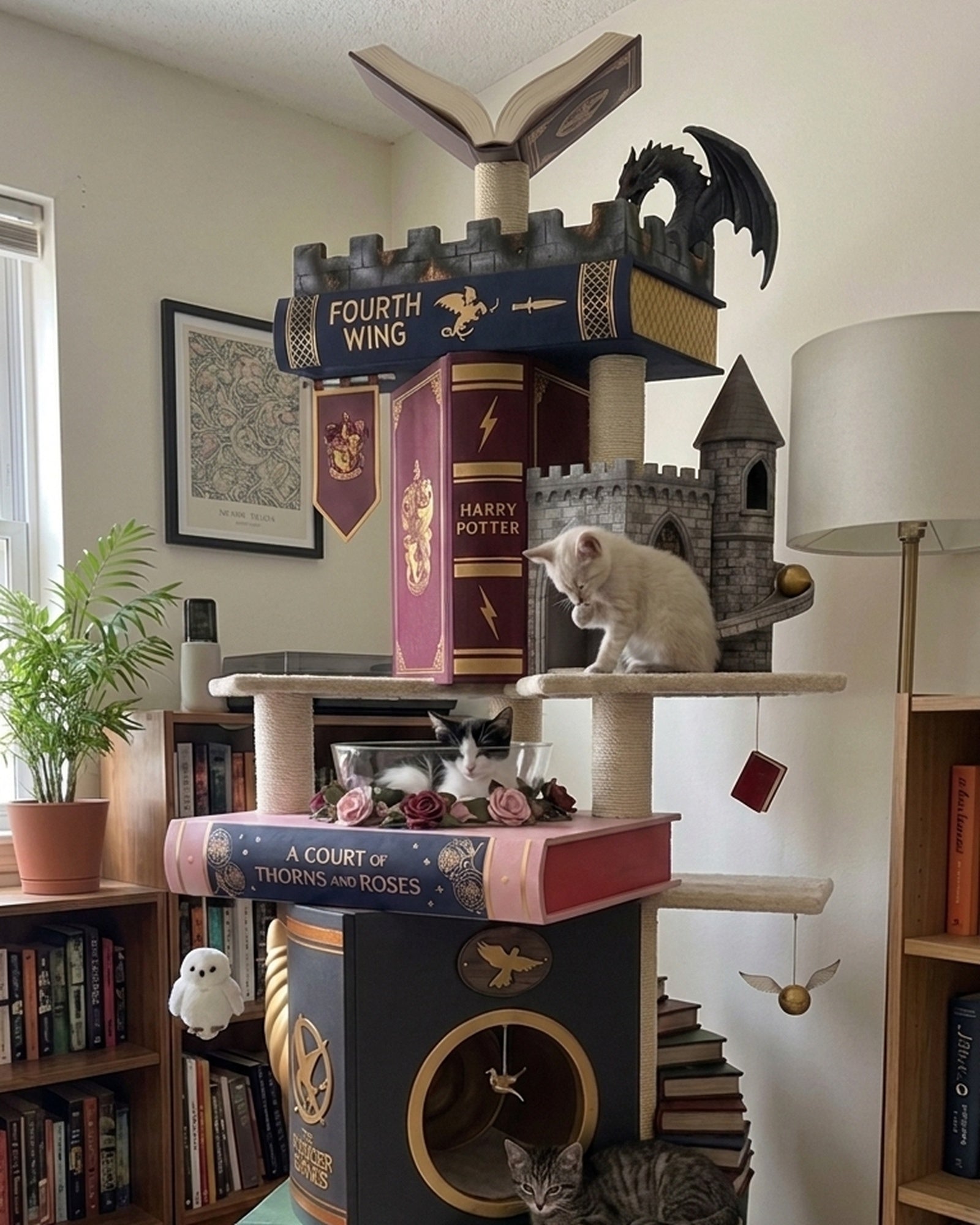 Nine Tales cat tower in a living room with three cats